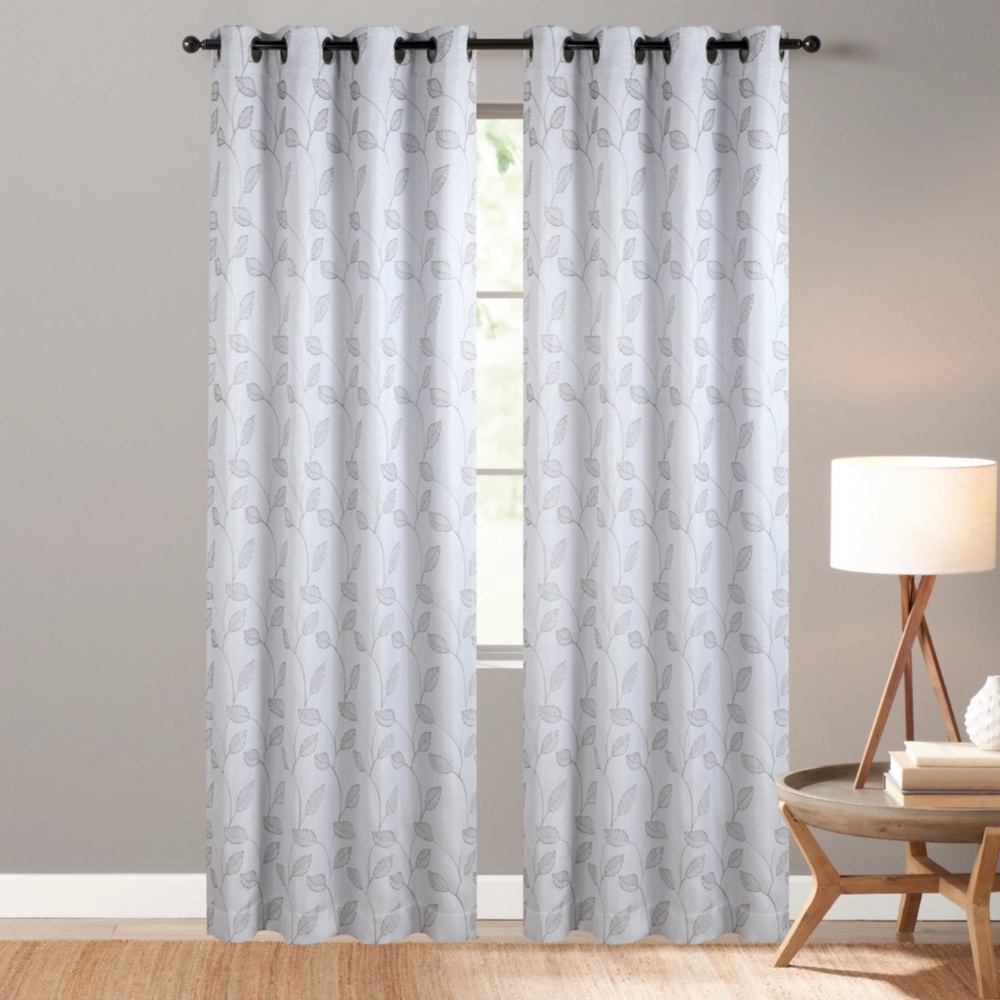 NWT Sonoma Finley White/Gray Embroidered Leaf Blackout Curtains- 84”